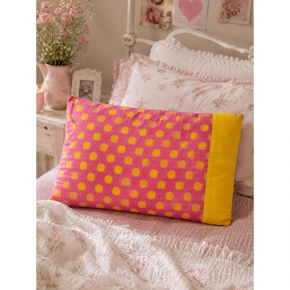 Y2K 2000'S Pink Yellow Polka Dot Striped Cotton Pillowcase Retro Eclectic Whimsy